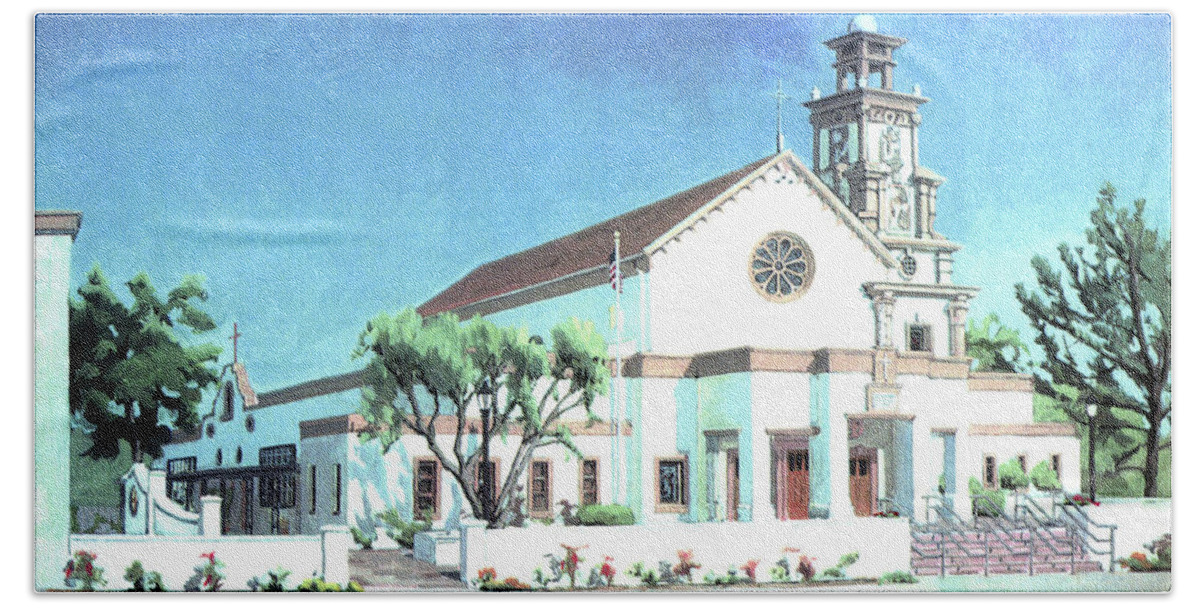 St. Brigid Church Hand Towel featuring the painting St. Brigid Parish Church - Pacific Beach, San Diego, California by Paul Strahm
