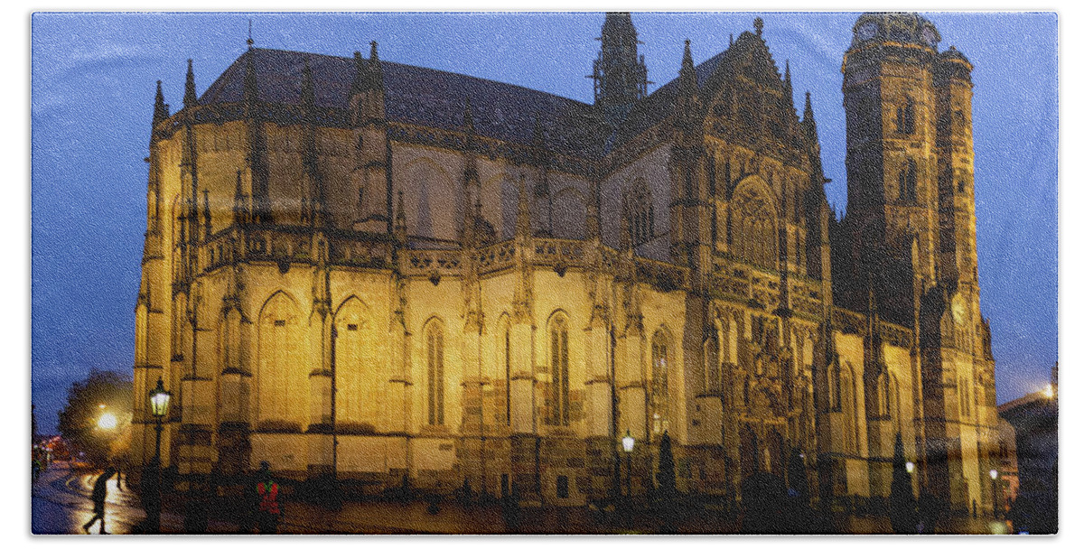 Night Bath Towel featuring the photograph St. Elisabeth's Cathedral in Kosice at night by Elena Pilepina