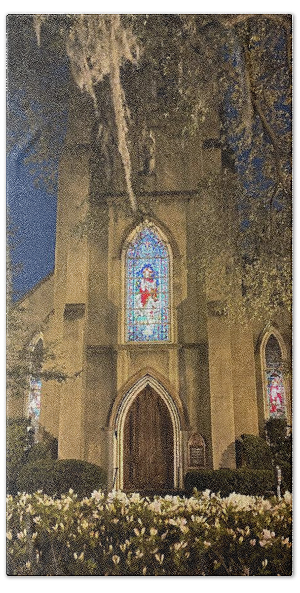Church Bath Towel featuring the photograph St. Johns Window by Barbara Von Pagel