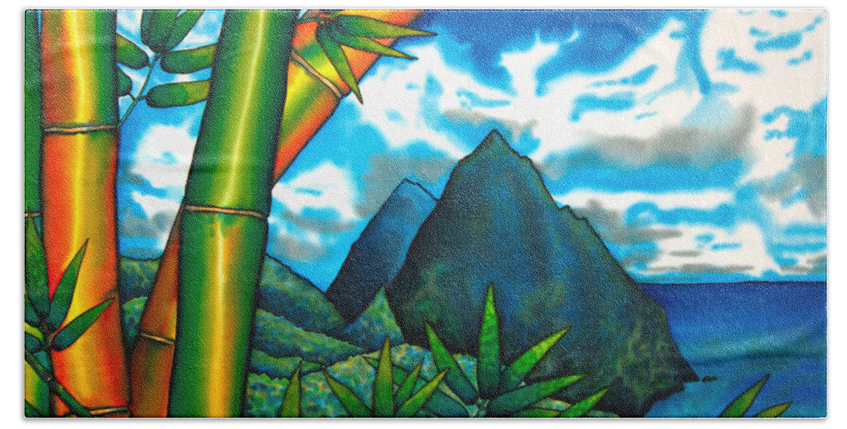 Pitons Bath Towel featuring the painting St. Lucia Pitons by Daniel Jean-Baptiste