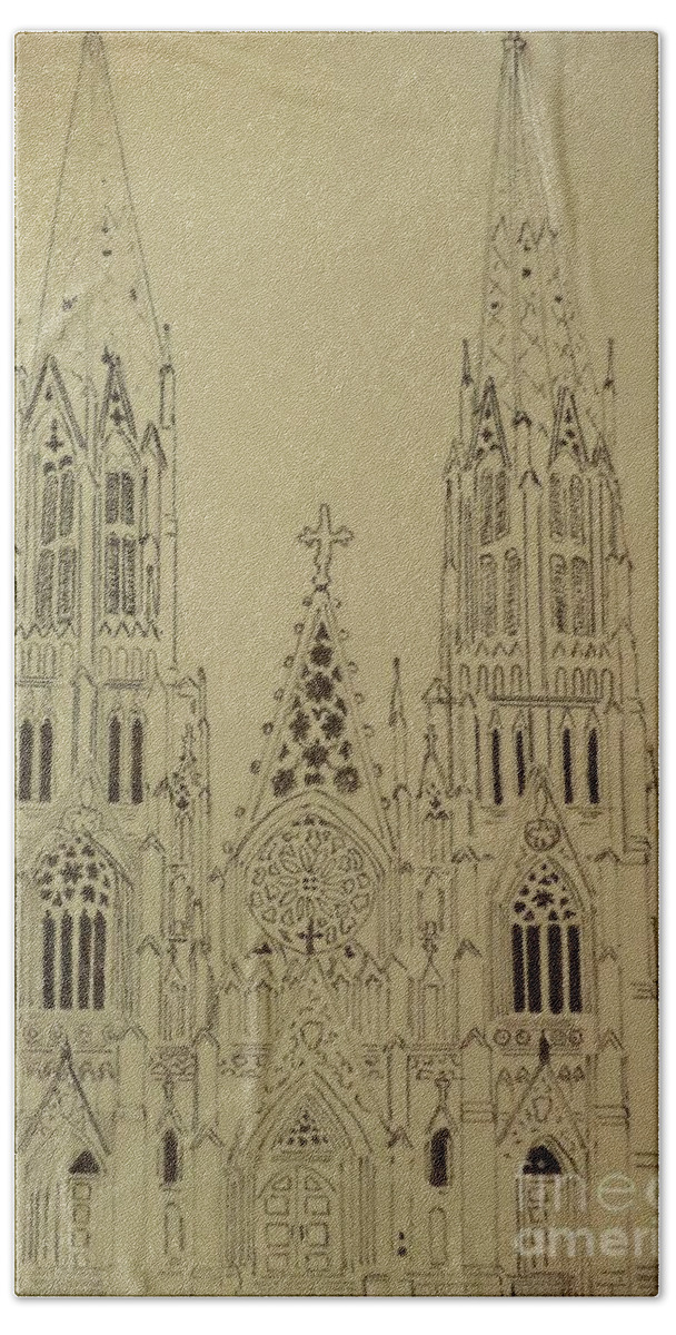 Donnsart1 Hand Towel featuring the drawing St Patrick's Cathedral by Donald Northup