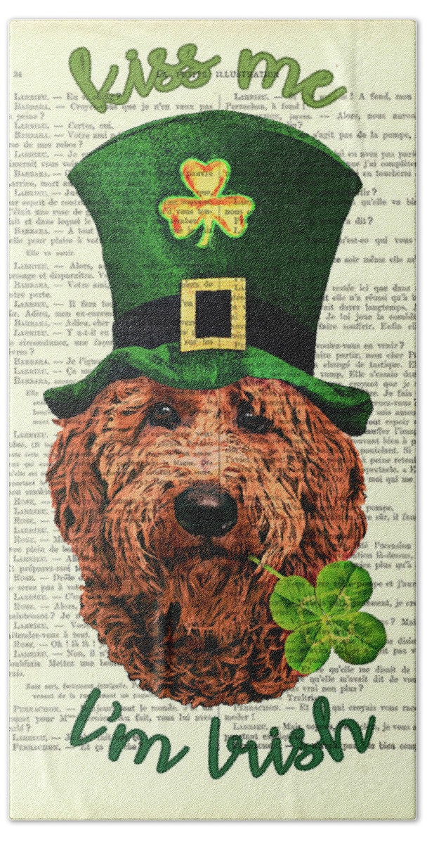 Irish Doodle Hand Towel featuring the digital art St Patricks Day Irish Doodle dog, Kiss me I'm Irish by Madame Memento