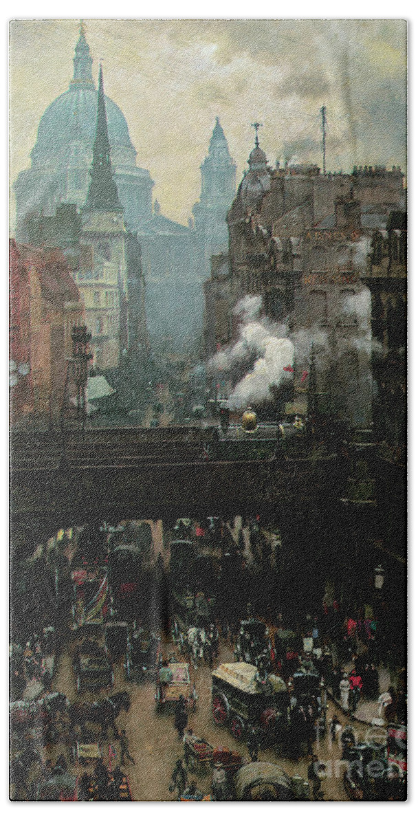 Trains Bath Towel featuring the painting St Pauls and Ludgate Hill by William Logsdail