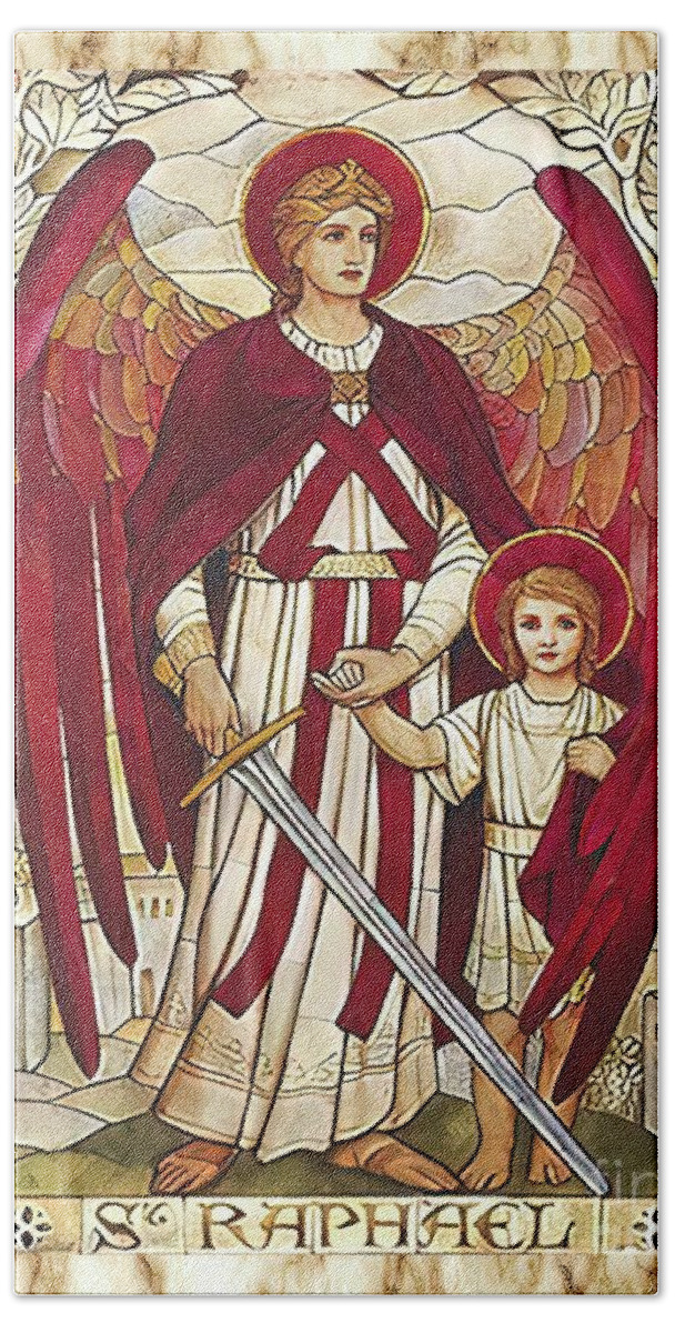 Angel Bath Towel featuring the mixed media St Raphael Archangel Angel Catholic Saint by Iconography
