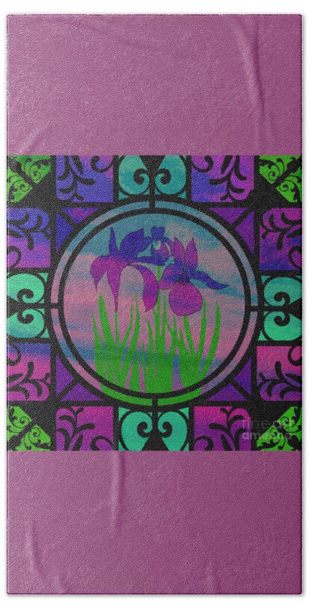 Irises Hand Towel featuring the mixed media Stained Glass Irises by Diamante Lavendar