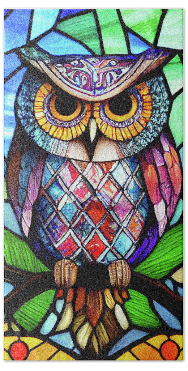 Stained Glass Owl Hand Towel featuring the digital art Stained Glass Owl by Tina LeCour
