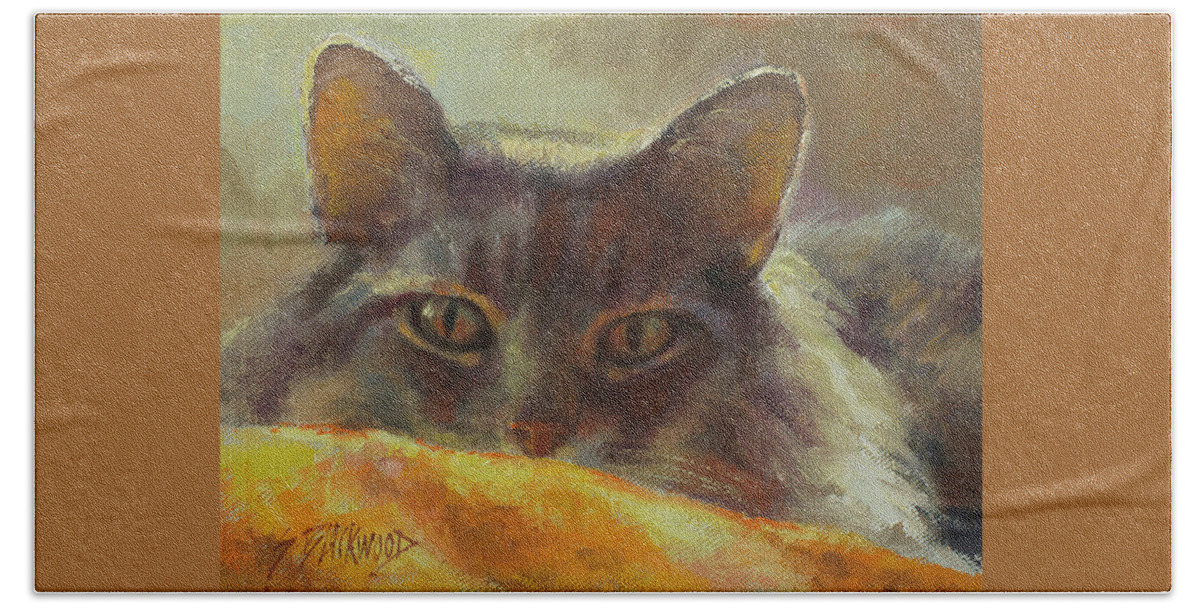 Cat Hand Towel featuring the painting Stalking by Susan Blackwood