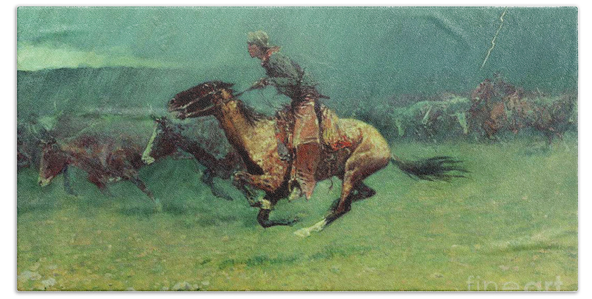Frederic Remington Hand Towel featuring the painting Stampede by Lightning, digitally enhanced, Frederic Remington by Thomas Pollart