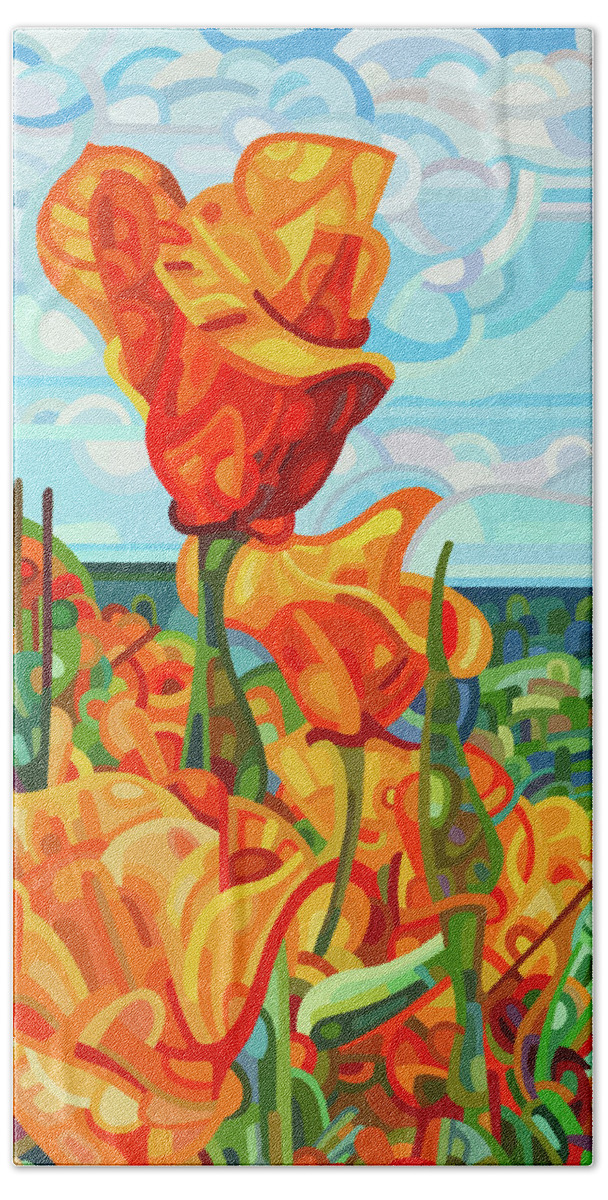 Red Orange Poppies Bath Towel featuring the painting Standing Tall by Mandy Budan