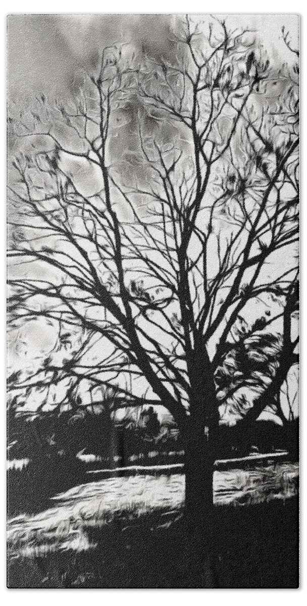 Tree Bath Towel featuring the mixed media Stark Sky, Barren Tree by Christopher Reed