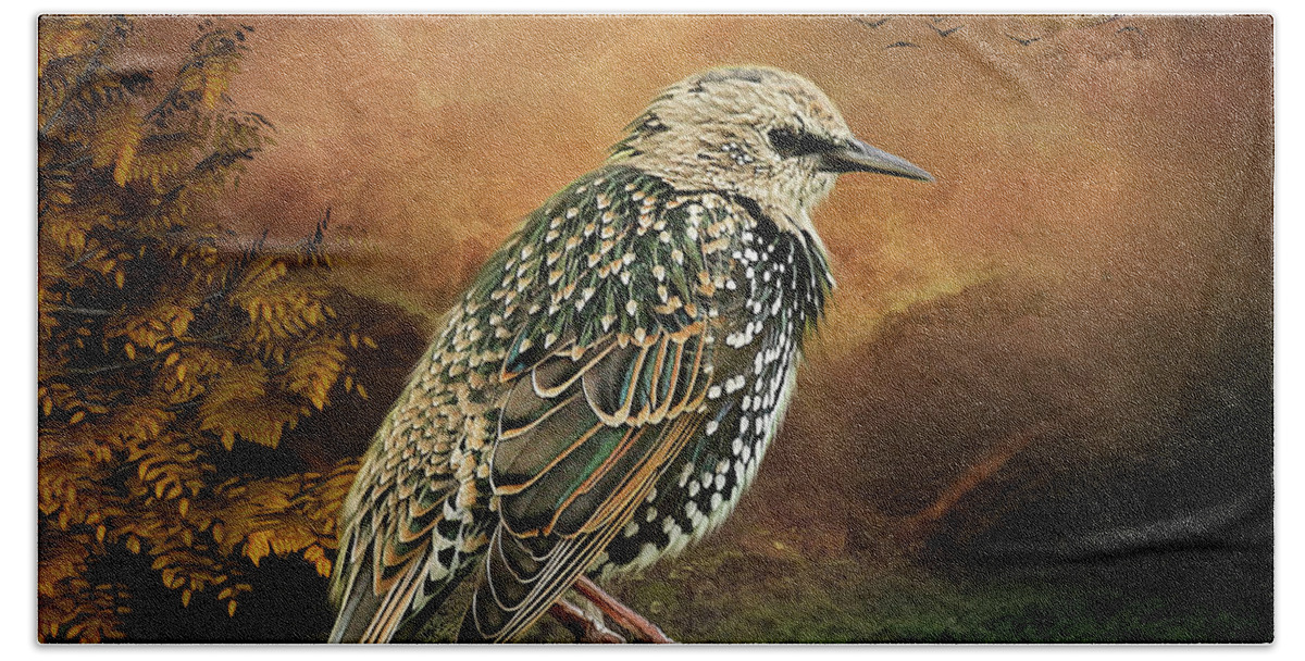 Starling Bath Towel featuring the digital art Starling by Maggy Pease