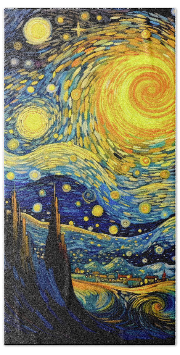 Starry Night Bath Towel featuring the digital art Starry Night Blue and Gold 02 by Matthias Hauser