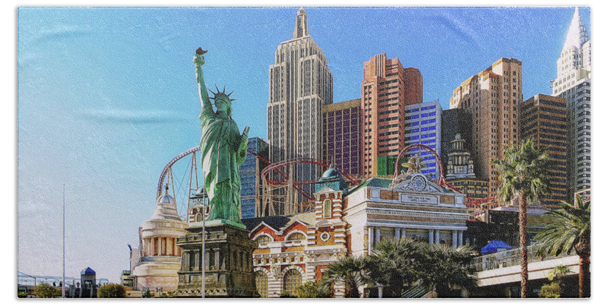 New York Las Vegas Bath Towel featuring the photograph Statue of Liberty and NY Complex, Las Vegas by Tatiana Travelways