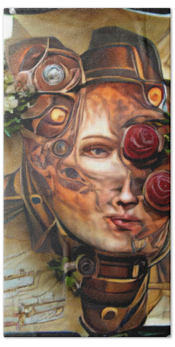 Steampunk Woman Hand Towel featuring the mixed media Steampunk Woman by Ann Leech