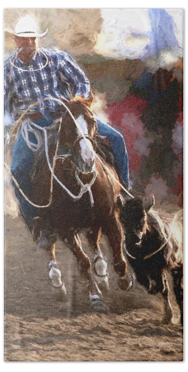 2010 Hand Towel featuring the digital art Steer Roping - 1 by Bruce Bonnett