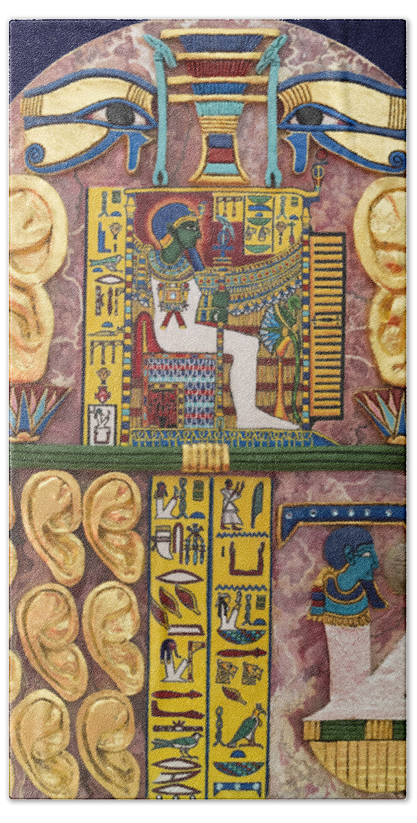 Stela Bath Towel featuring the mixed media Stela of Ptah Who Hears Prayers by Ptahmassu Nofra-Uaa