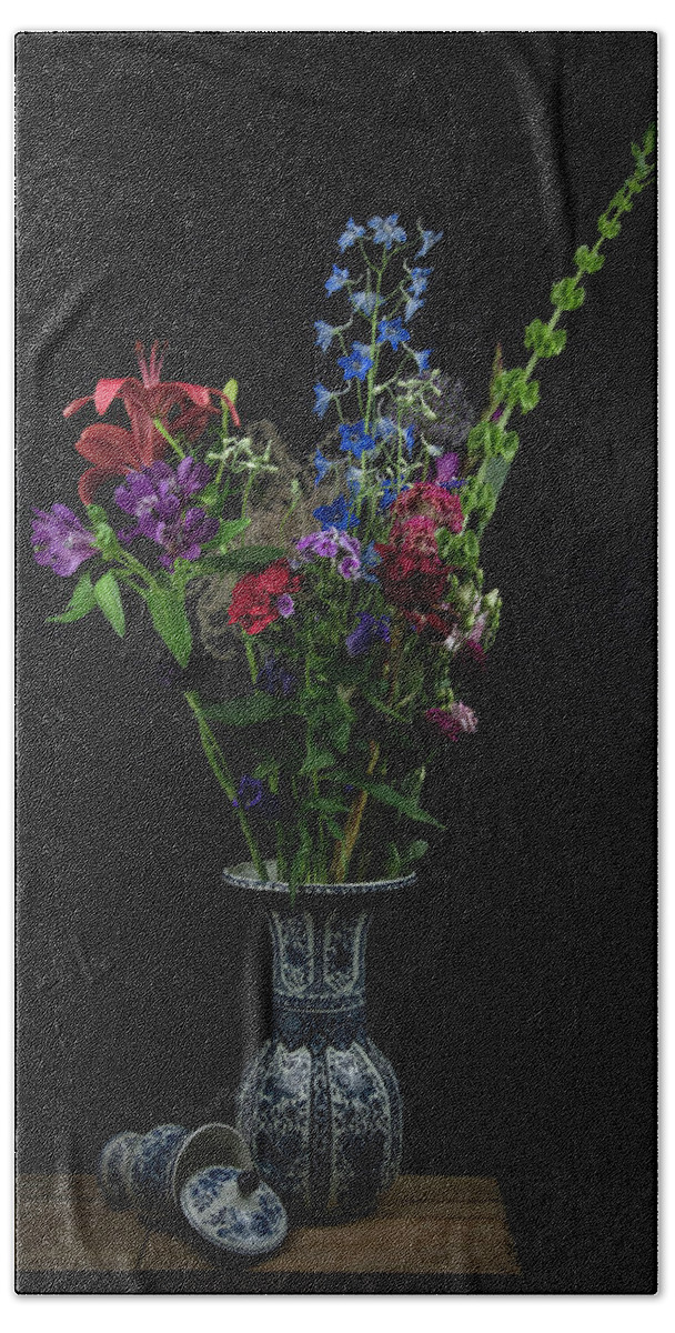 Still Life Bath Towel featuring the digital art Still life Delft blue flowers in a vase by Marjolein Van Middelkoop