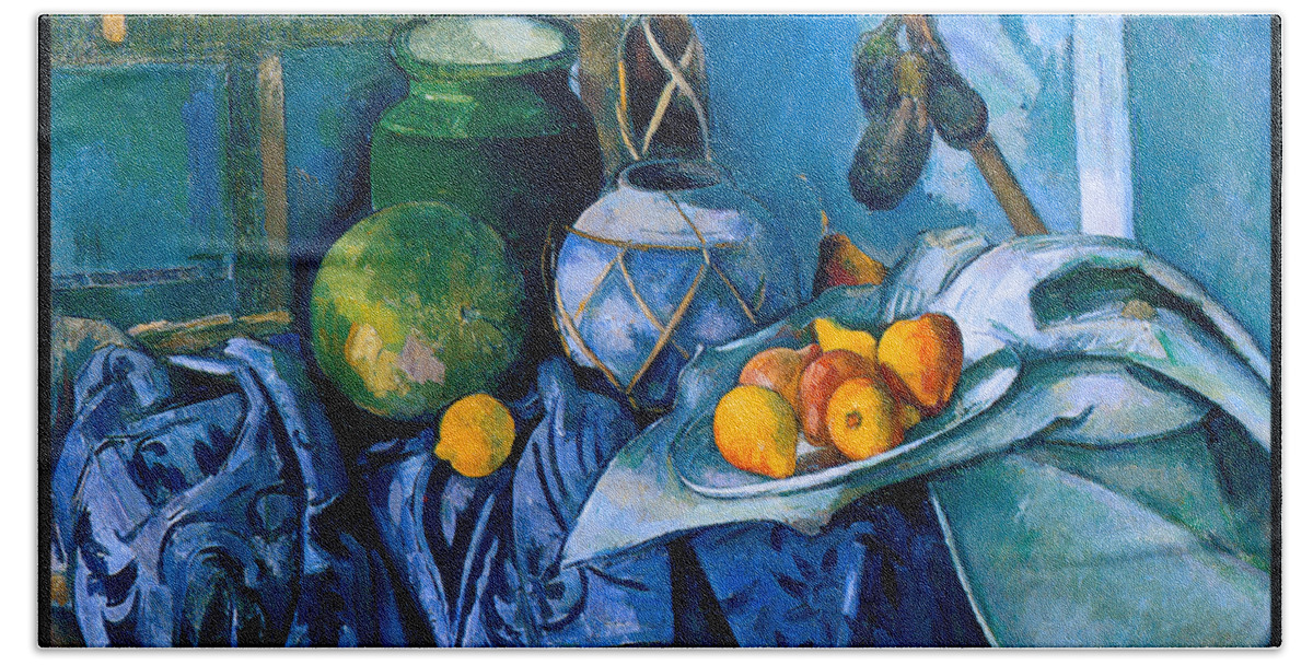 Cezanne Bath Towel featuring the painting Still Life with a Ginger Jar and Eggplants 1893 by Paul Cezanne