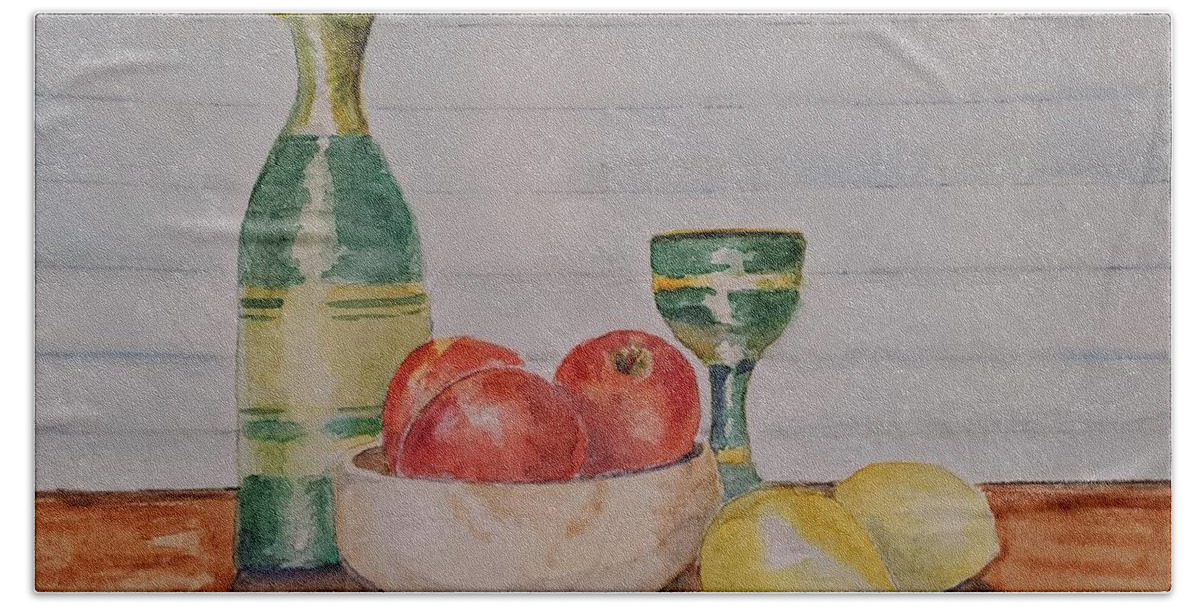 Still Life Bath Towel featuring the painting Still Life with Apples and Lemons by Claudette Carlton