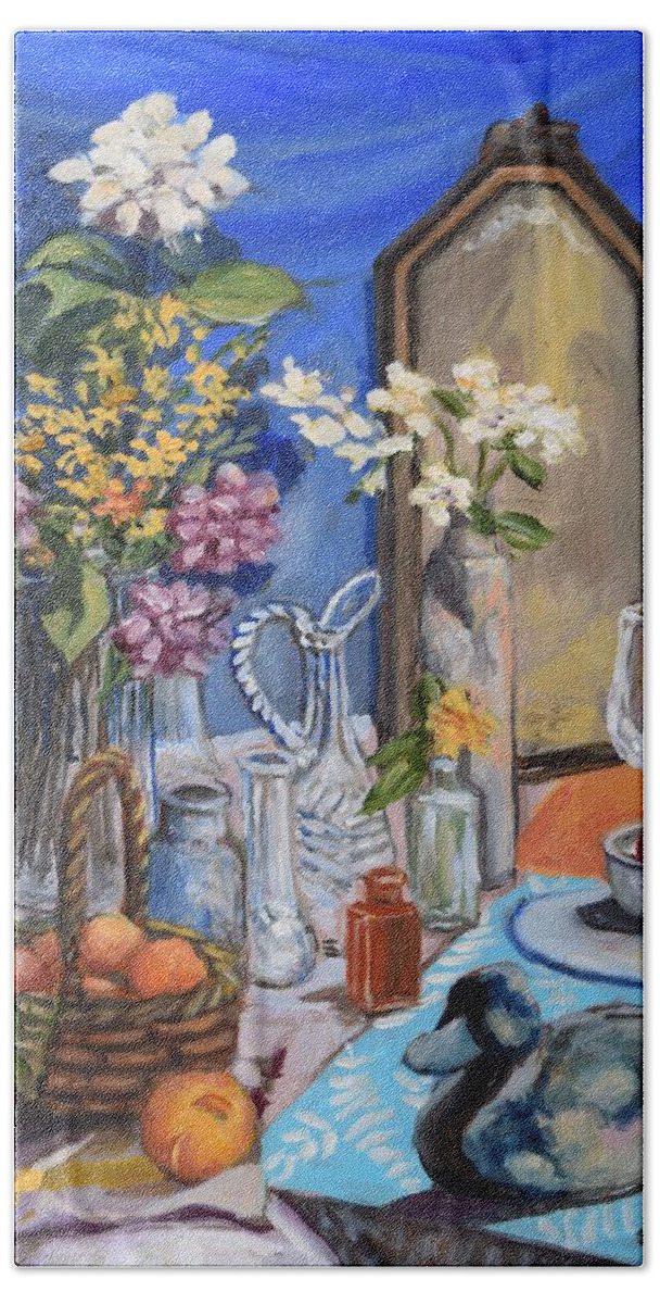 Still Life Bath Towel featuring the painting Still Life With Mirror by Eileen Patten Oliver