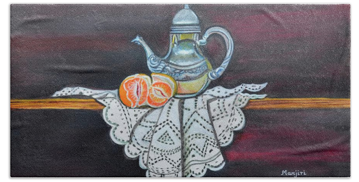 Oranges Hand Towel featuring the painting Still life with orange and teapot on lace by Manjiri Kanvinde