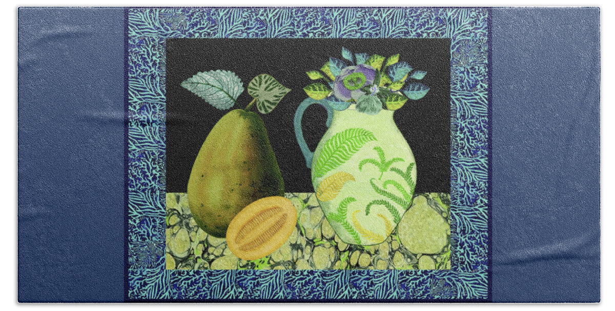 Still Life Hand Towel featuring the mixed media Still Life with Pear and Maracuya by Lorena Cassady