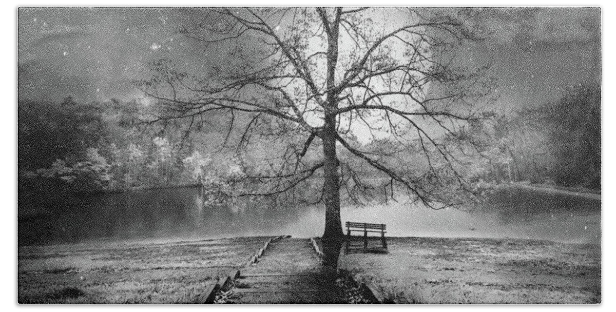Benton Bath Towel featuring the photograph Still Waiting at the Lake Black and White by Debra and Dave Vanderlaan