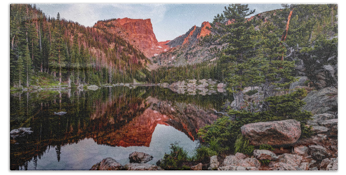 Dream Lake Hand Towel featuring the photograph Still Waters of a Dream Lake Sunrise - Rocky Mountain National Park Colorado by Gregory Ballos