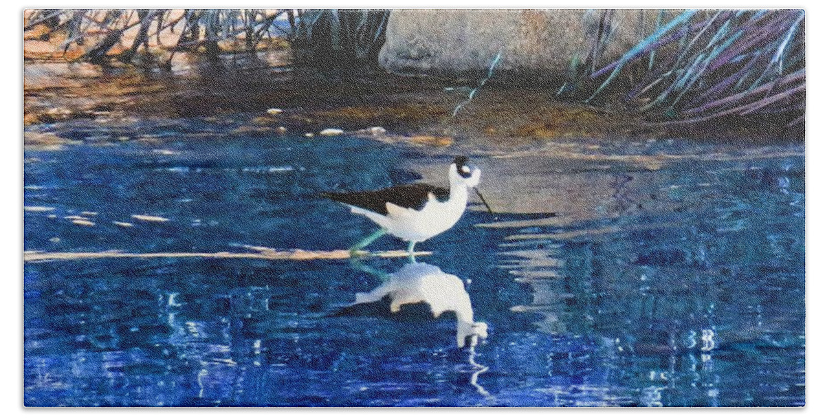 Bird Bath Towel featuring the photograph Stilt in Blue Water by Andrew Lawrence