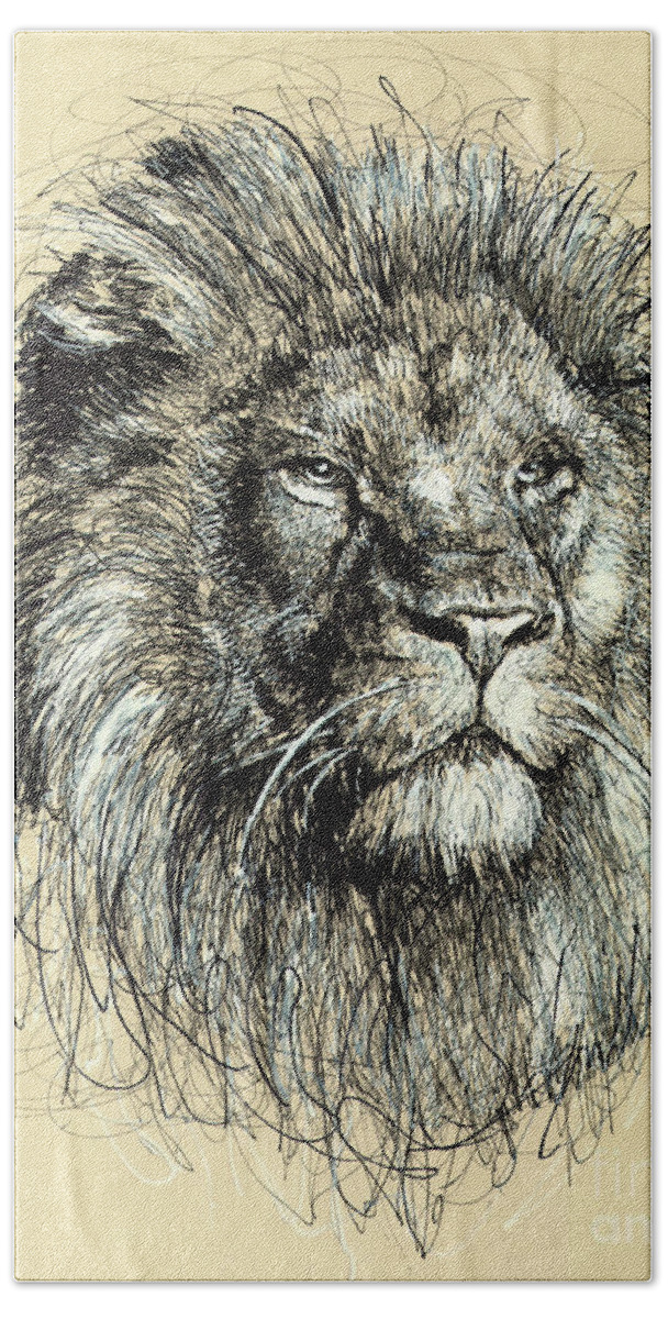Lion Hand Towel featuring the drawing Stoic Lion by Michael Volpicelli