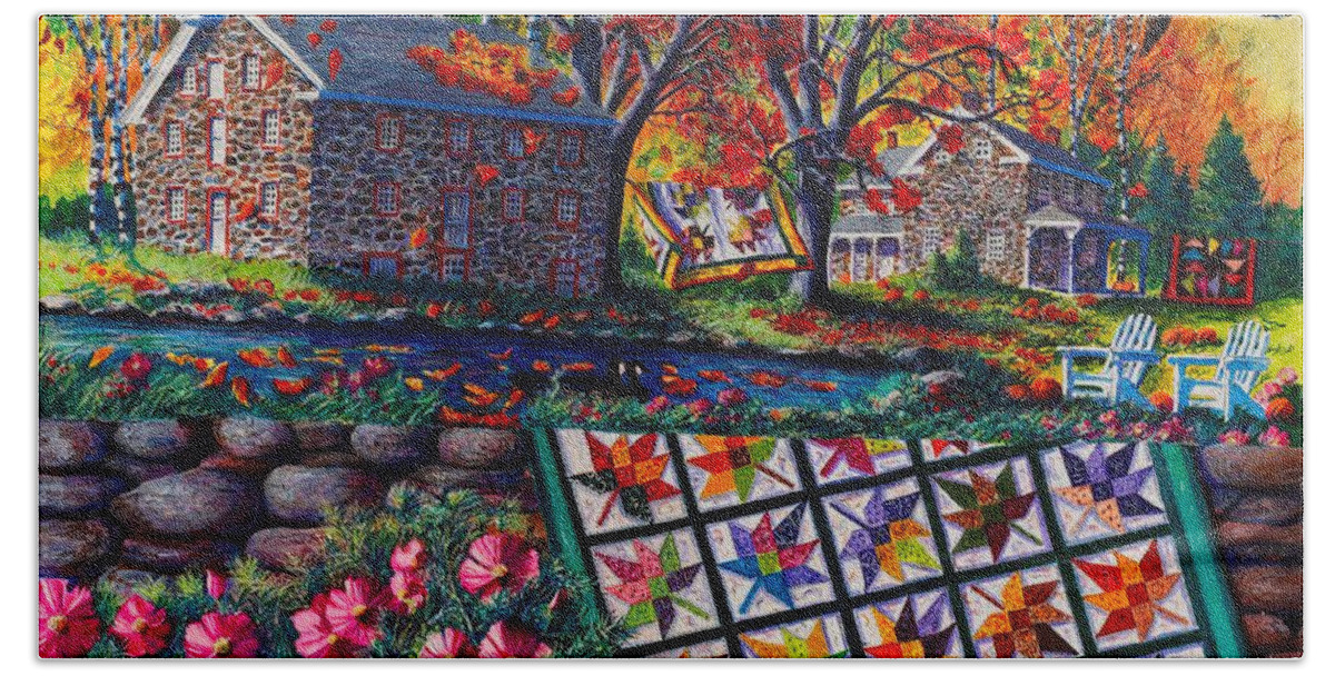 Landscape Of Stone Mill Autumn Crossing Hand Towel featuring the painting Stone Mill Autumn Crossing by Diane Phalen