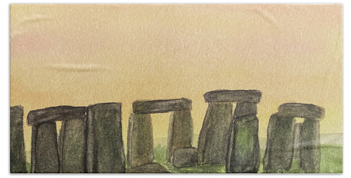 Stonehenge Bath Towel featuring the painting Stonehenge at Sunset by Lisa Neuman