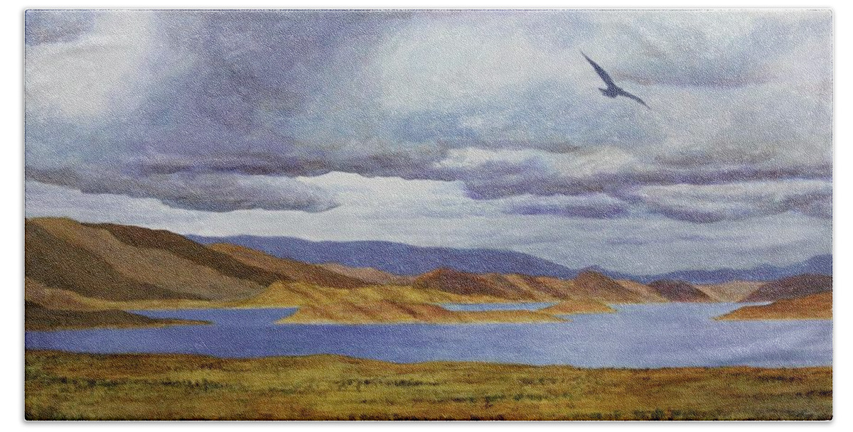 Kim Mcclinton Bath Towel featuring the painting Storm at Lake Powell- left panel of three by Kim McClinton