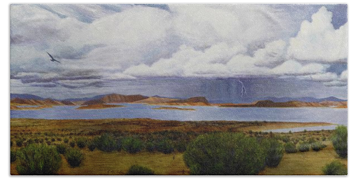 Kim Mcclinton Bath Towel featuring the painting Storm at Lake Powell- panorama by Kim McClinton