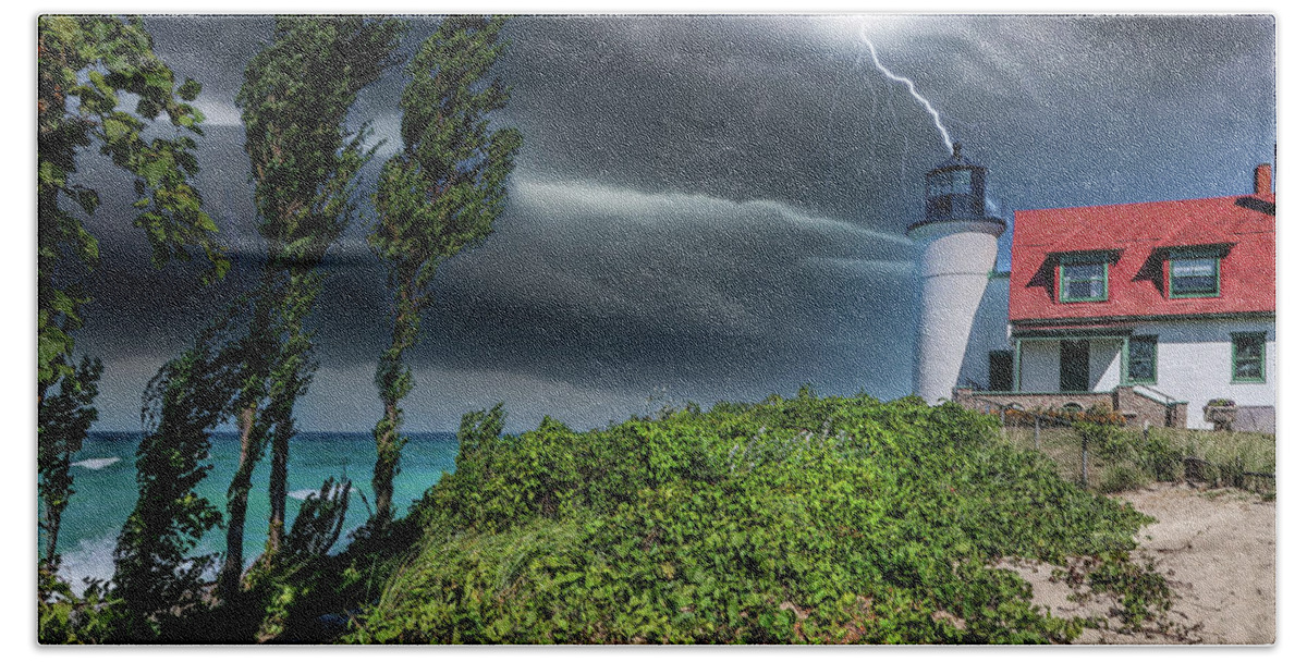 Northernmichigan Bath Towel featuring the photograph Storm at Point Betsie Lighthouse IMG_2623 by Michael Thomas