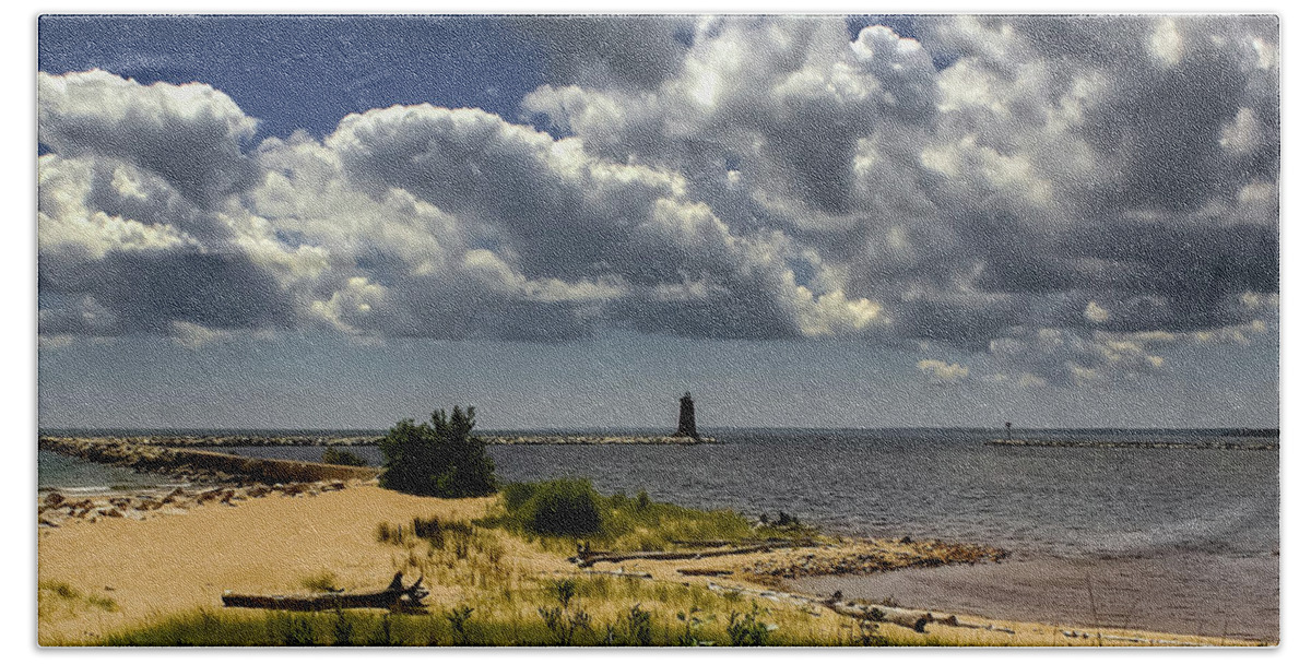 Lake Michigan Bath Towel featuring the photograph Storm Clouds Over the Manistique Light by Deb Beausoleil