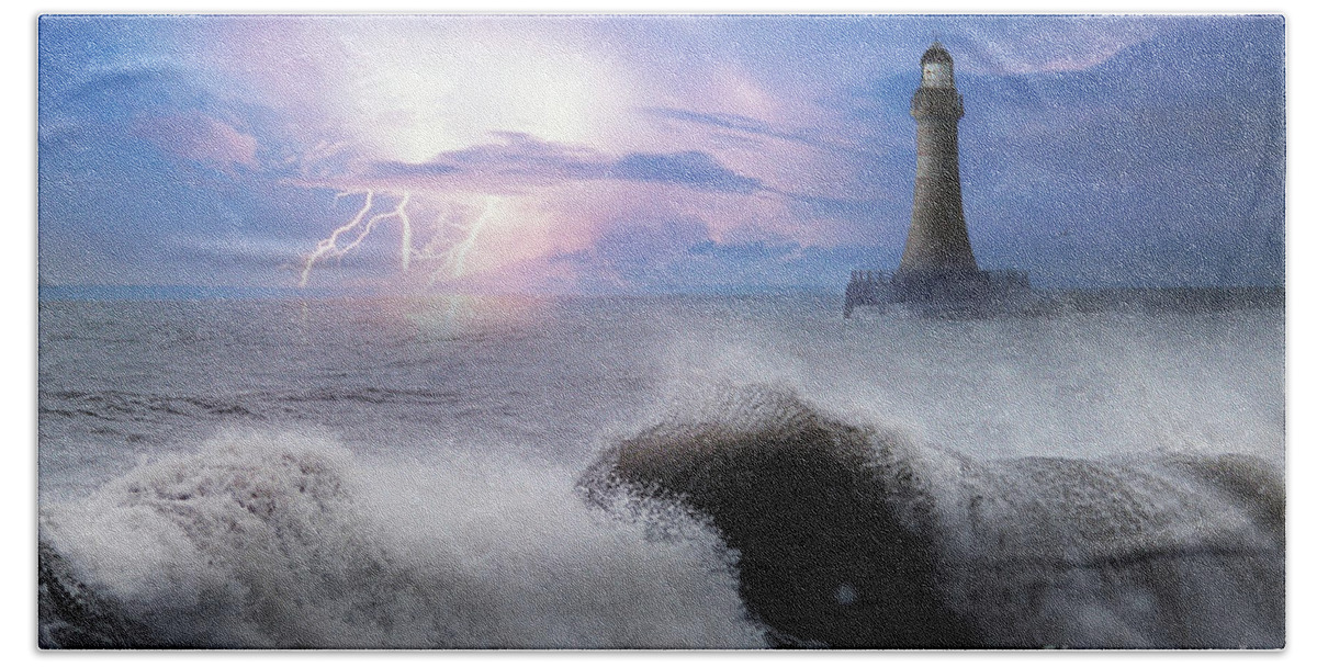 The North Sea Bath Towel featuring the mixed media Storm on The North Sea by Morag Bates