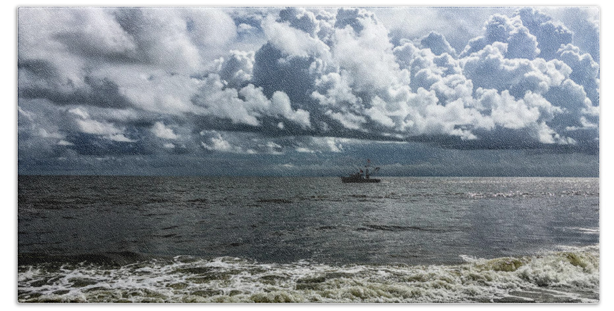 Ocean Bath Towel featuring the photograph Stormy Boat by David Beechum