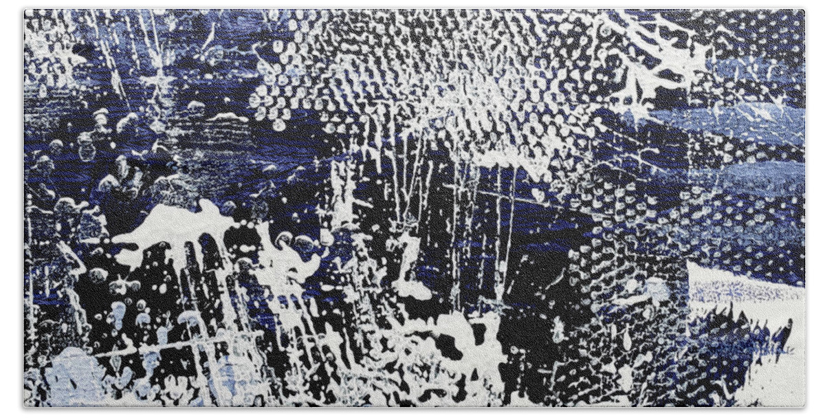 Indigo Hand Towel featuring the painting STORMY SEA Indigo Blue and White Abstract by Lynnie Lang