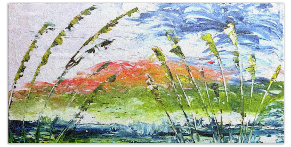 Wave Painting Hand Towel featuring the painting Waves and Sea Oats -- Abstract Oil Painting by Catherine Ludwig Donleycott