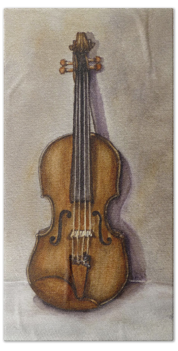 Authentic Stradivarius Hand Towel featuring the painting Stradivarius Violin by Kelly Mills