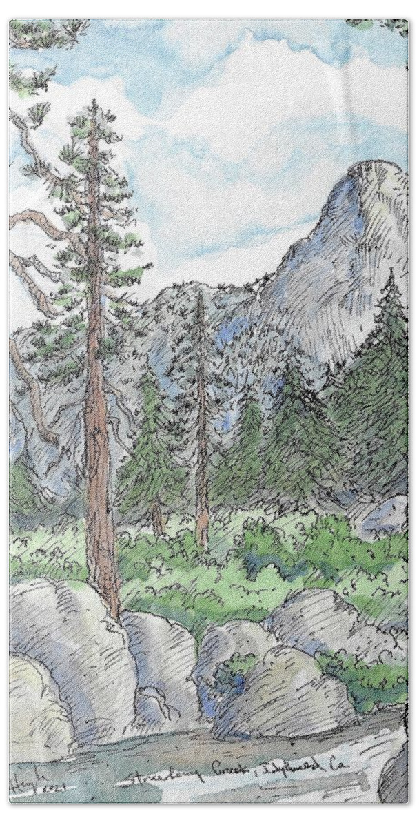 Landscape Bath Towel featuring the drawing Strawberry Creek,Idyllwild,Ca. by Gerry High