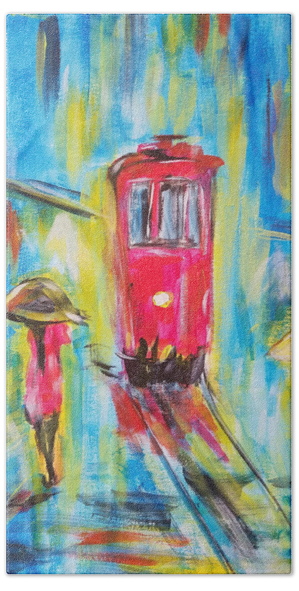 Street Car Bath Towel featuring the painting Street Car In The Rain by Brent Knippel