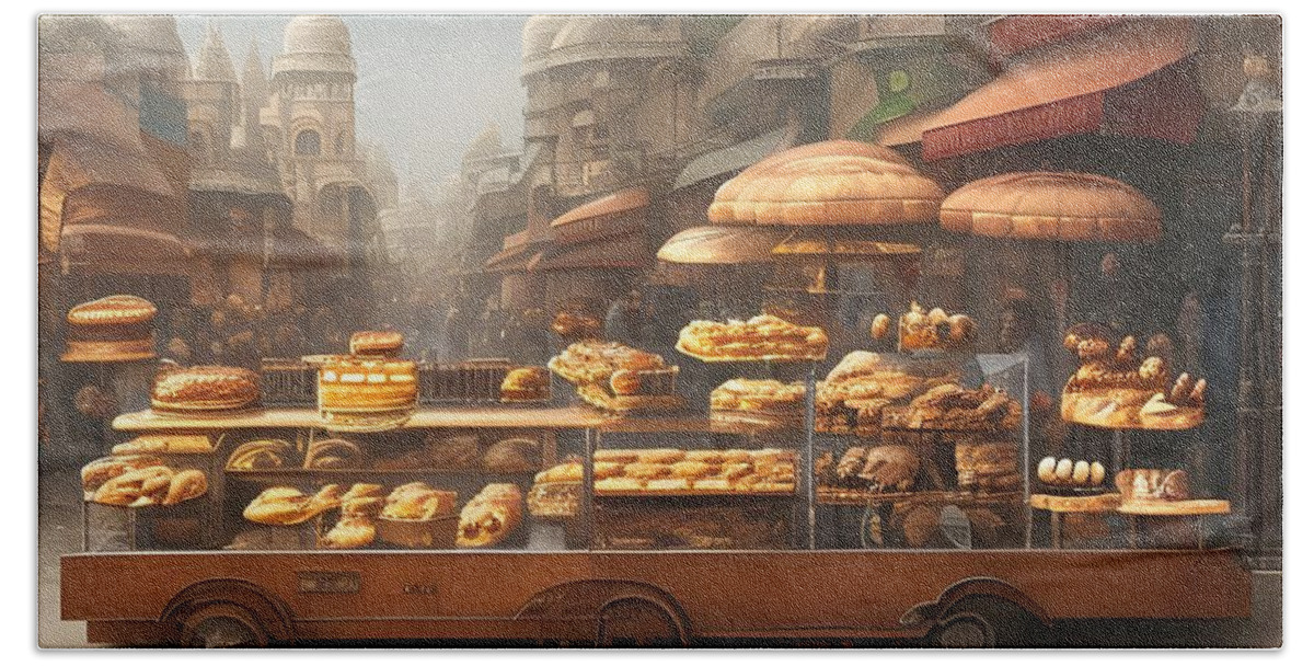 Digital Bread Pastry Cart Vendor Hand Towel featuring the digital art Street Pastry Cart by Beverly Read