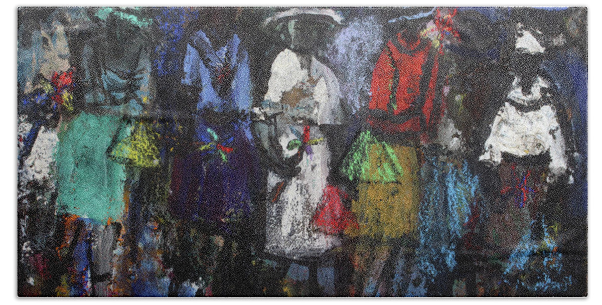 Soweto Bath Towel featuring the painting Street Talk by Joe Maseko