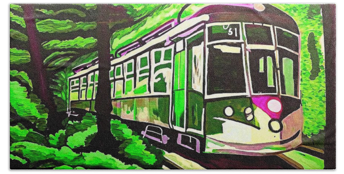 Streetcar Hand Towel featuring the painting Streetcar Batik Silk Painting 2016 Painting streetcar tram trolley new orleans green batik autumn background beautiful bright city colorful country desire environment europe fall foliage forest by N Akkash