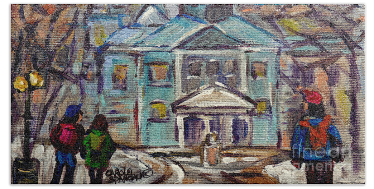 Montreal Bath Towel featuring the painting Students On Campus Mcgill University Winter Scene Hall Building C Spandau Artiste Peintre Quebec Art by Carole Spandau