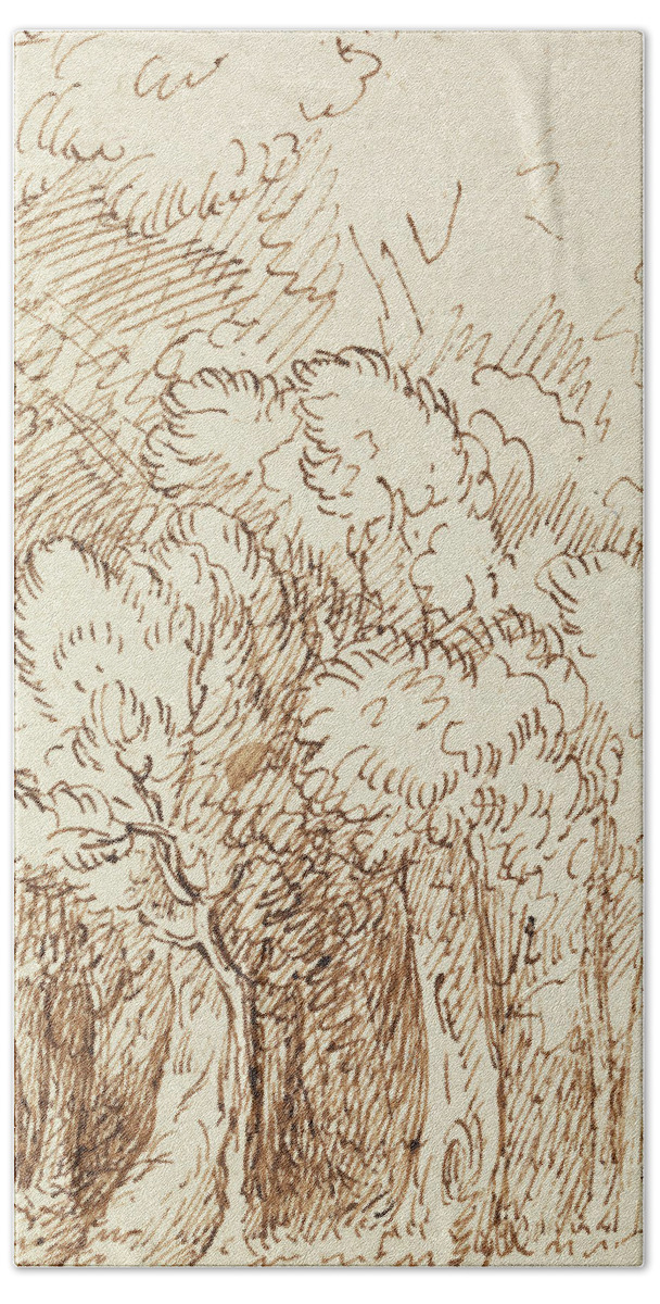 19th Century Painters Bath Towel featuring the drawing Study of Trees by Benjamin West
