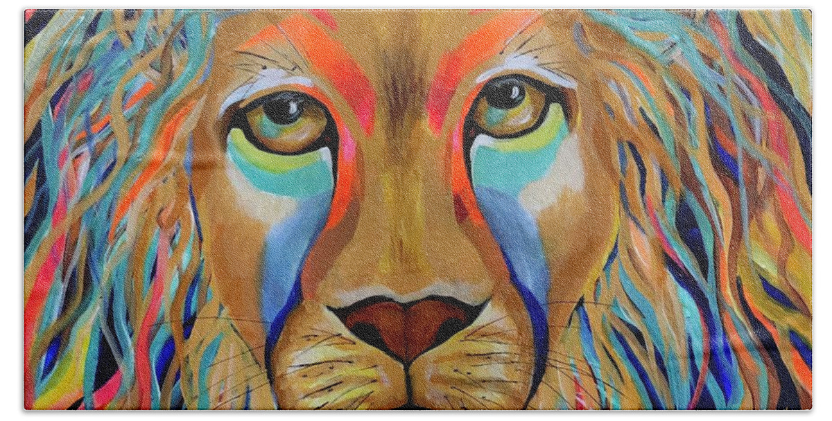 Lion Hand Towel featuring the painting Stylized Lion by Barbara Landry