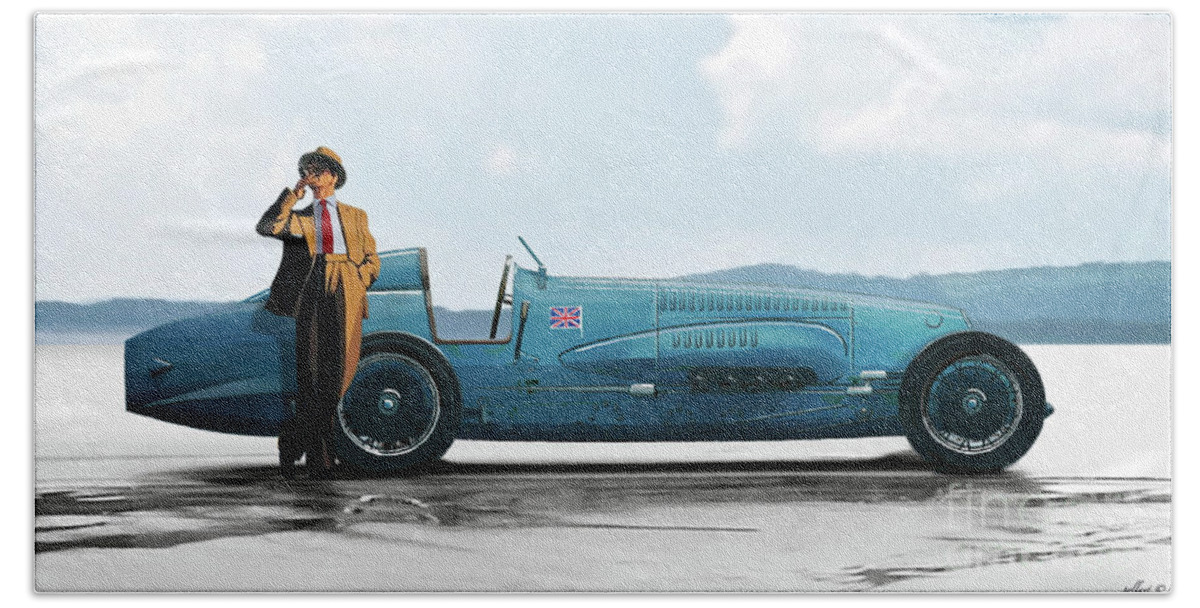 Bluebird Ii Hand Towel featuring the painting Bluebird II, 1928, World Record land speed record at Pendine Sands, Wales, 178.88 mph by Thomas Pollart